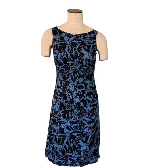 Ann Taylor 2 Silk Classic Sleeveless Floral Sheath/Pencil Dress Blue Black 203K - Picture 1 of 8